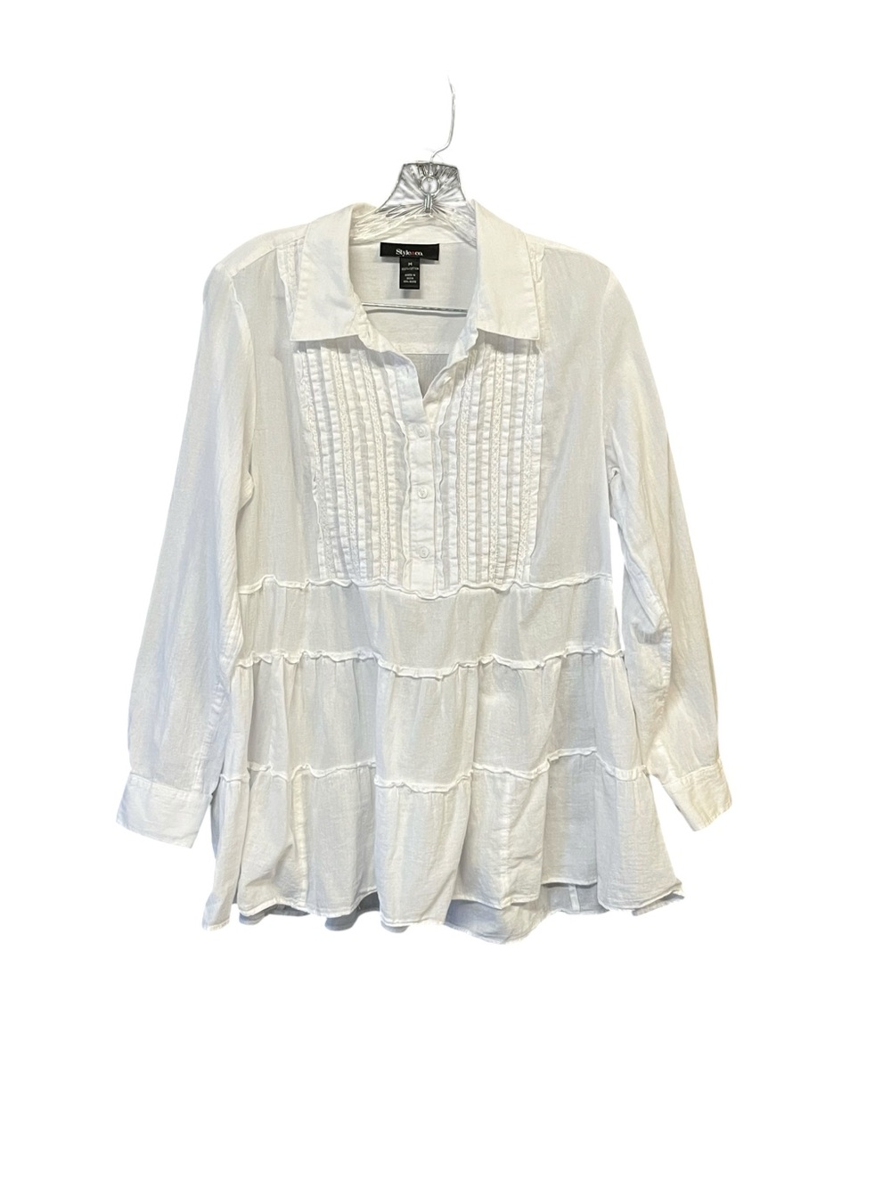 Style & Co Women’s M White Tiered Pintuck Tunic Blouse Cotton Button Front